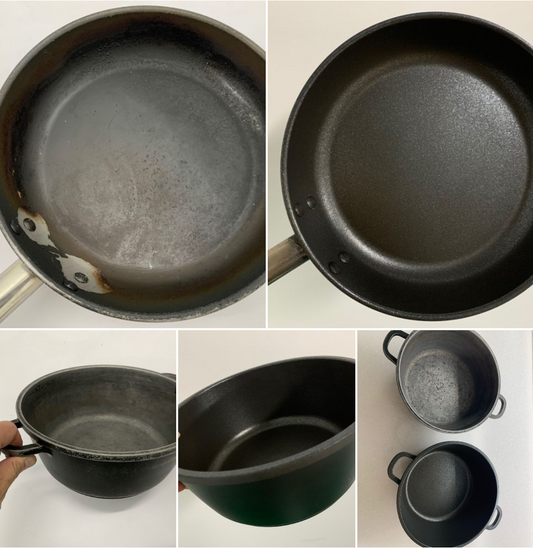 This is what we do…save the used damage non-stick pan and pot from landfill trashing...we recollect, respray for reuse.